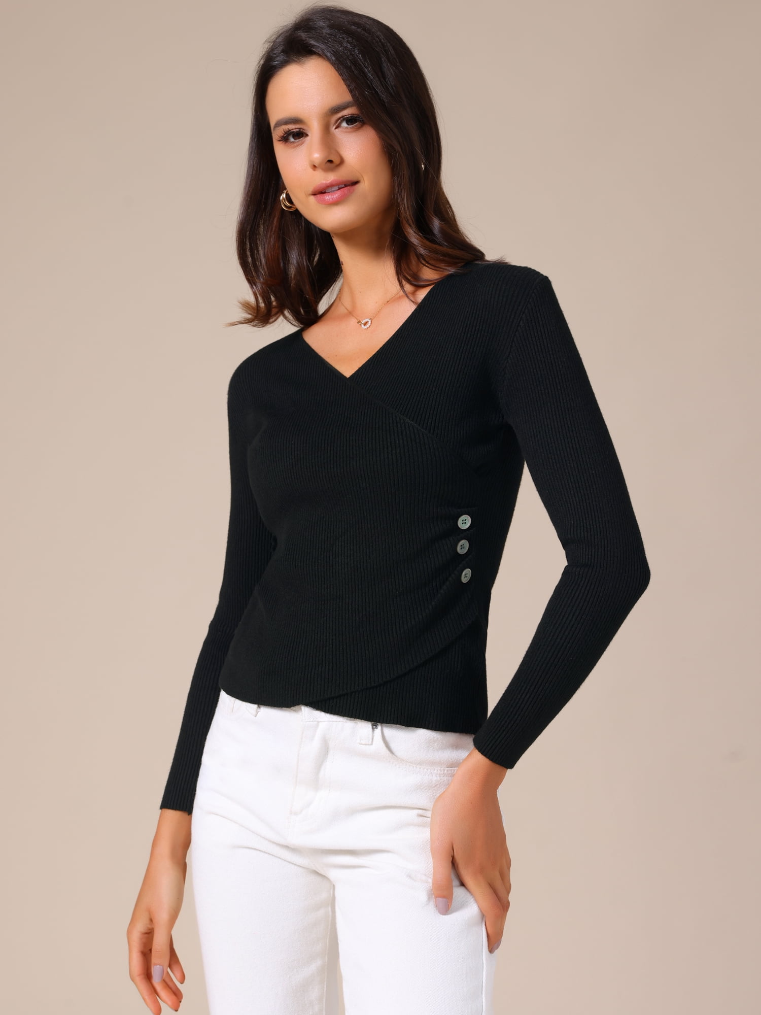 DARING DIVA Women's V Neck Fitted Ruched Waist Criss Cross Knitted Wrap Tops XS Black