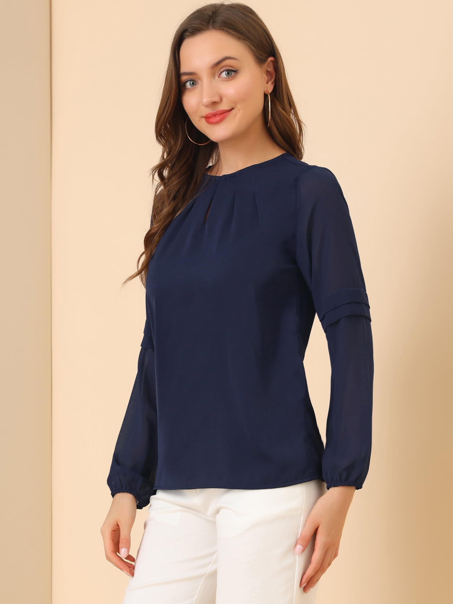 DARING DIVA Chiffon Semi Sheer Long Sleeves Keyhole Neck Blouse 2XL Dark Blue