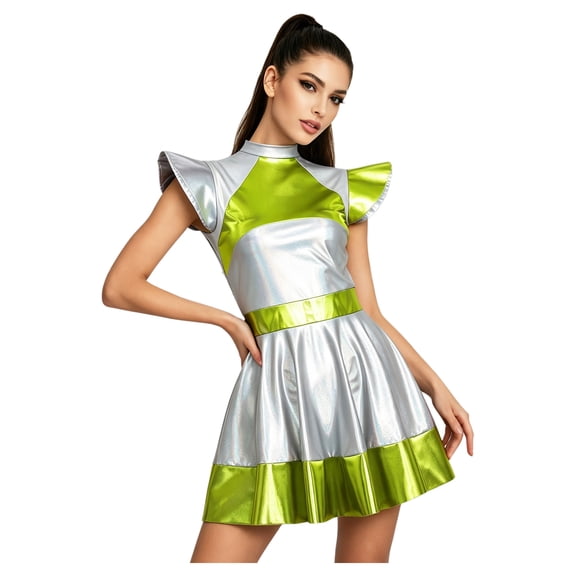 YiZYiF Alien Costume for Women Metallic Shiny Cosplay Dress Green XL
