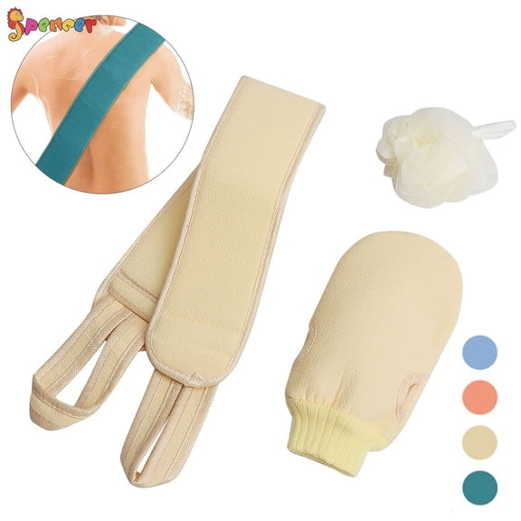 Spencer 3Pcs Exfoliating Back Scrubber for Shower, Exfoliating Bath Glove & Shower Loofah Sponge Set for Deep Clean, Invigorate Skin (Beige)