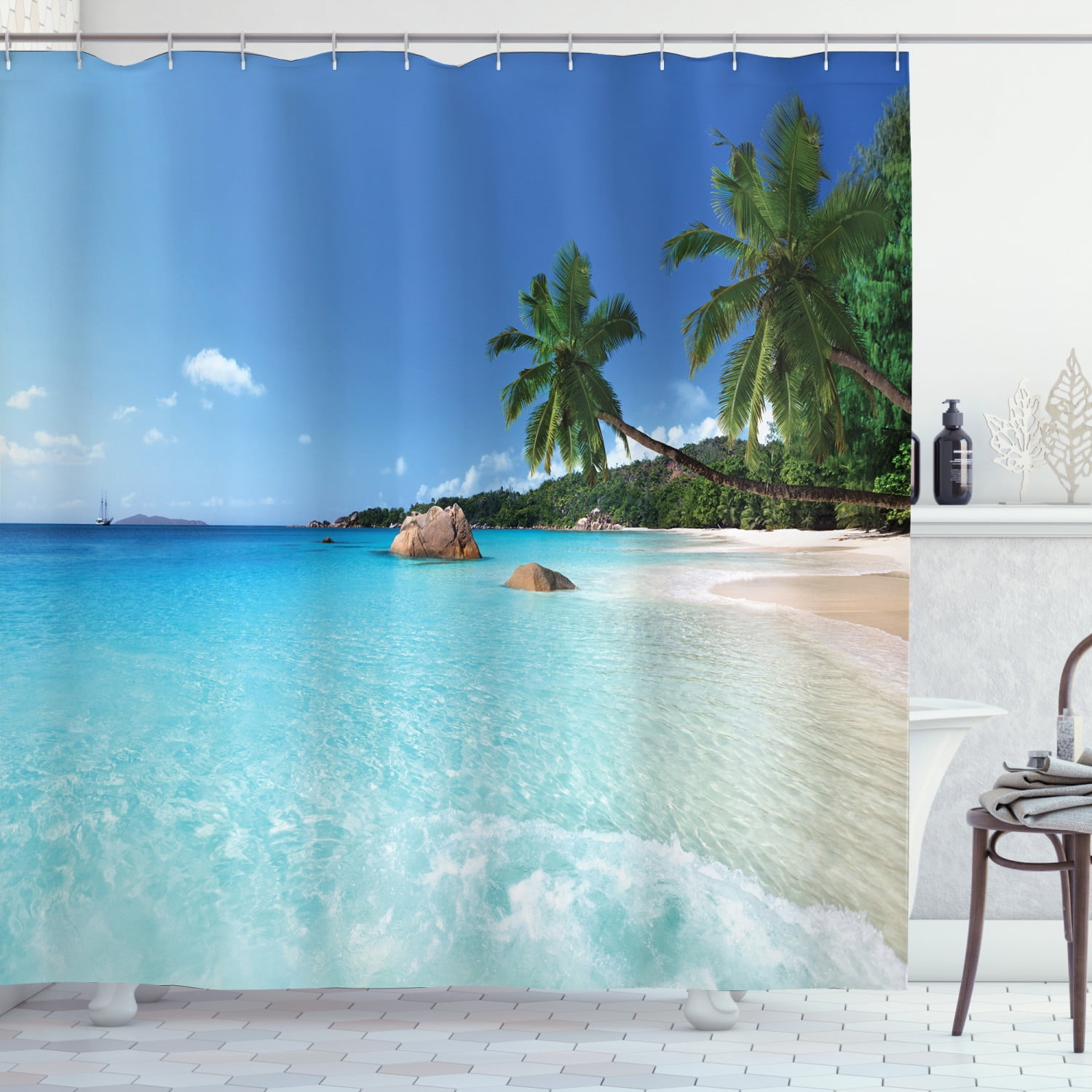 Ambesonne Tropical Island Decor Collection Navy Blue White 69 W By 70 L Polyester Fabric Bathroom Shower Curtain Set with Hooks Ocean Waves Seychelles Beach in Sunset Time Picture Print 