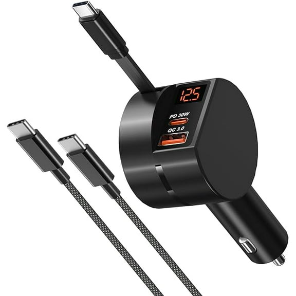 USB C Car Charger for iPhone 17 16 Pro Max, Retractable Car Charger 78W Fast Charging Cigarette Lighter Adapter Voltmeter Multi-Ports for iPhone 15 iPad Galaxy S25, with 6ft USB C to C Cable