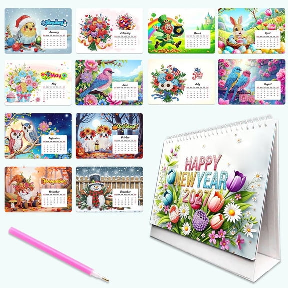 2027 Diamond Art Calendar, DIY 5D Standing Flip Desk Decor Craft Kit for Adults Beginners