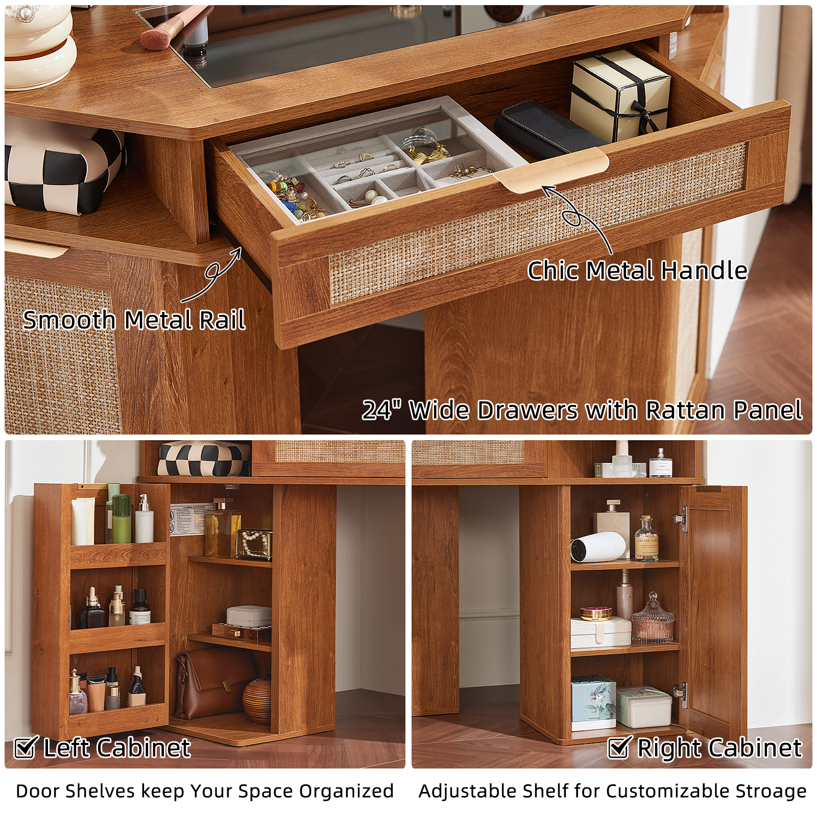 Modern Rattan Corner Vanity Desk, 46" Corner Makeup Vanity Desk with Smart Mirror and Lights, Oak Vanity Desk with Charging Station and 1 Drawer, Stool & Shelves for Bedroom, Tea Brown