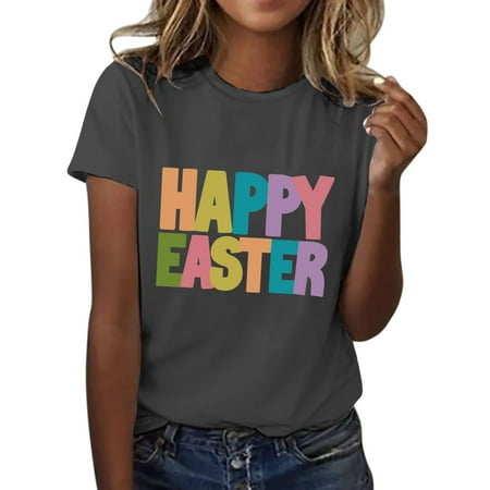Clearance!Uooqdmx Graphic Tees Women  Plus Size Tops for Women  Spring Shirts for Women  Happy Easter Letter Print Round Neck Short Sleeve T Shirt Top  Easter Outfits for Women  Dark Gray 3XL