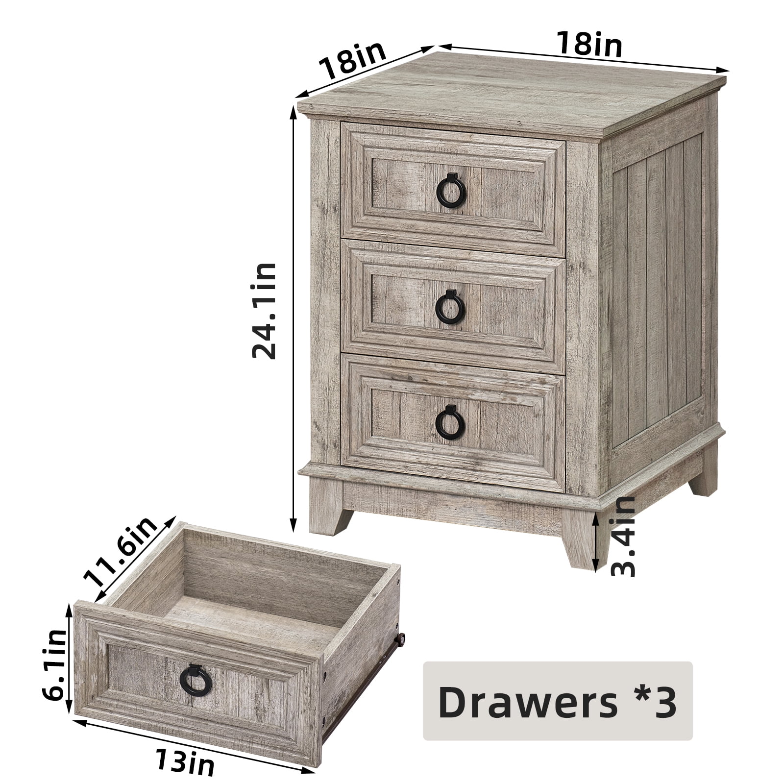 Joaxswe Farmhouse Nightstand with 3 Drawers, Wood Bedside Table Night Stand, Wide Sofa Side End Table for Living Room, Bedroom, Grey Oak