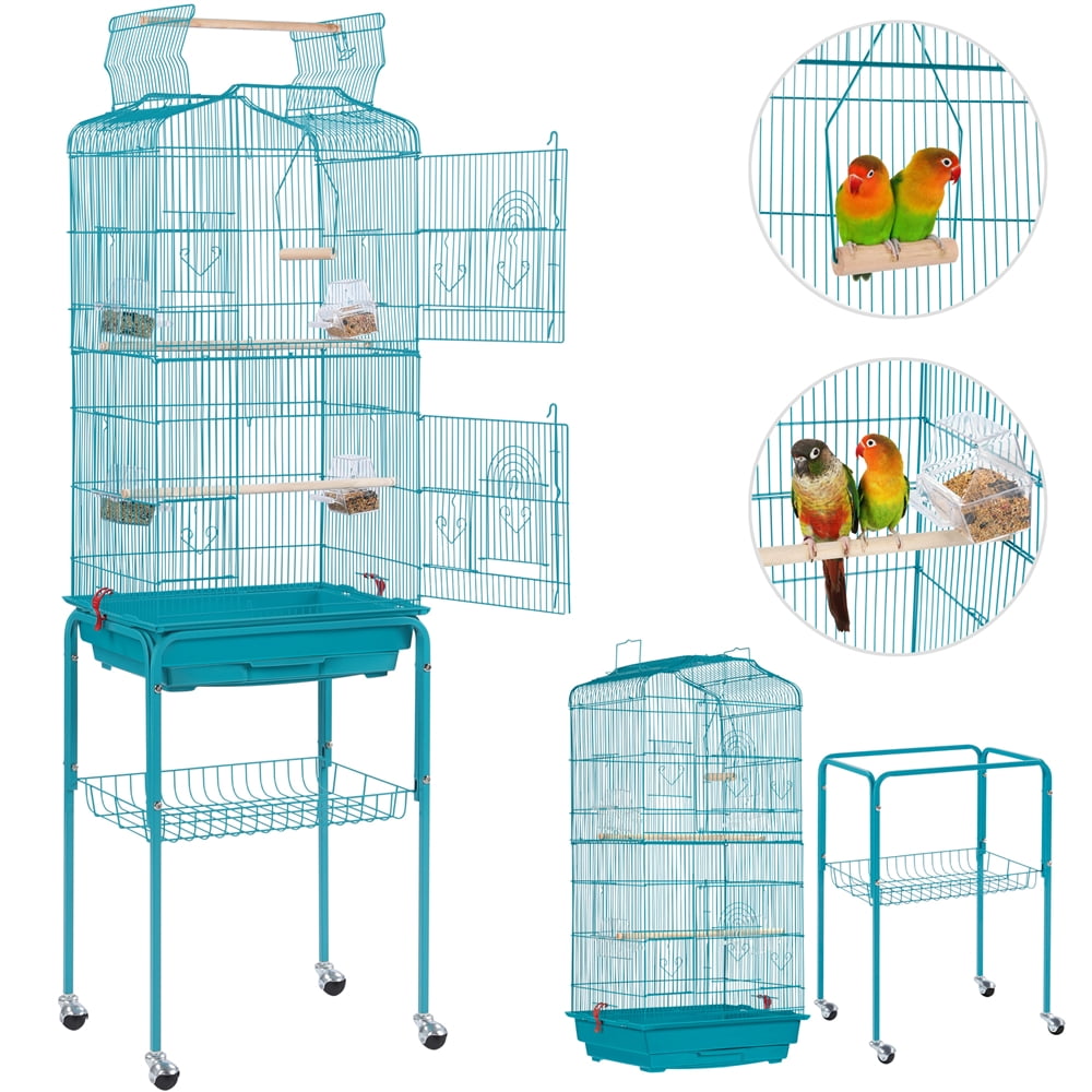 Alden Design 64''H Parrot Cage Open Top Metal Bird Cage Large Rolling, Teal Blue