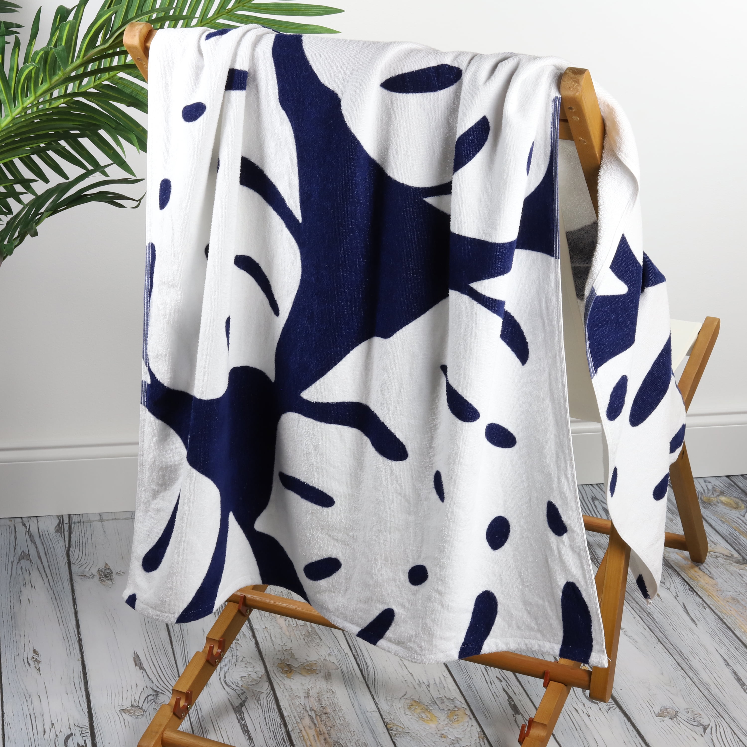 Optical Stripe Palm Printed Beach Towel 64"x 34" Pool Body Wrap 100% Cotton Blue 