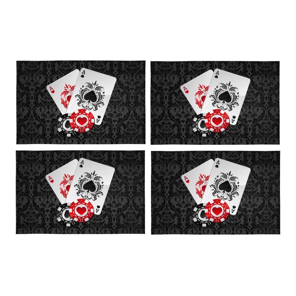 MKHERT Aces Playing Poker Cards and Casino Poker Chips On Black Damask
