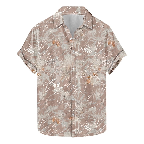 Camisas de Manga Corta de los Hombres Casual Hoja Impresión Solapa Superior, Mezcla de Poliéster/Spandex de la Moda para la Fiesta Y la Playa
