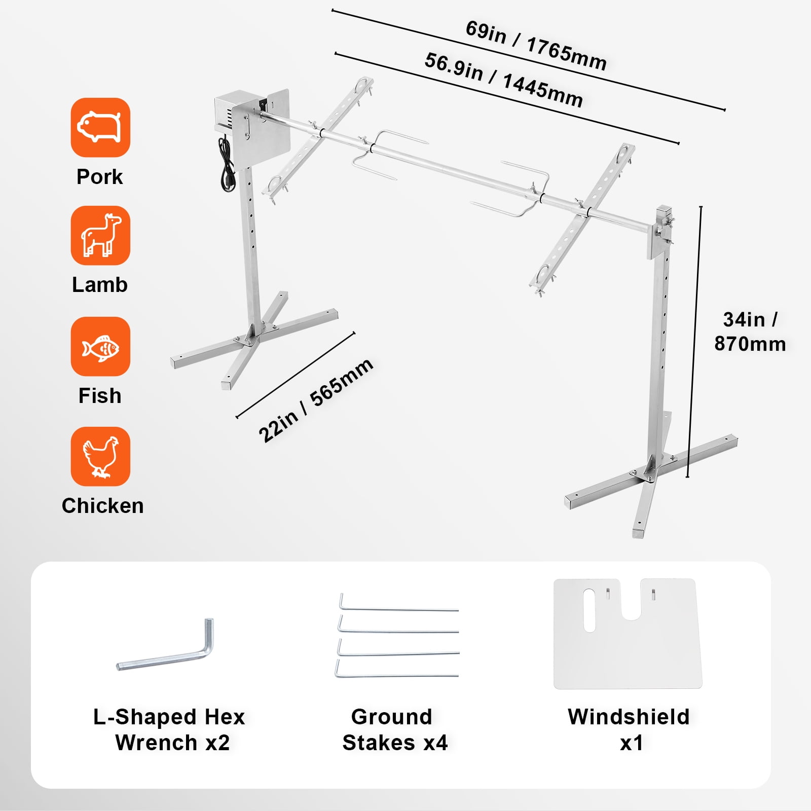 KFFKFF Electric Rotisserie BBQ Kit, 56" with 132 lbs Load, 52W Auto Motor, Adjustable Height, Universal Fit Stand, Stainless Steel, Includes Spit Rod & Heat Guard for Pork & Lamb