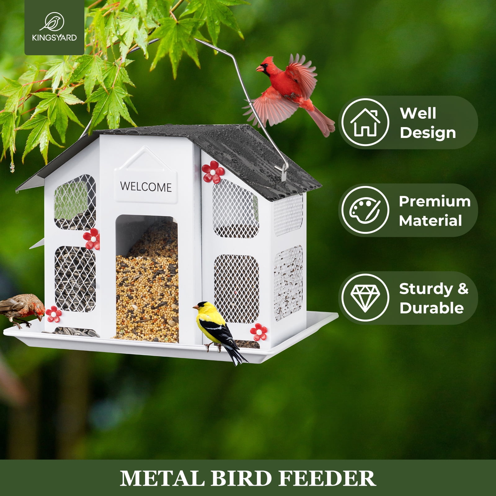 Kingsyard Metal Bird Feeder House for Outdoors Hanging, Triple Feeders for Finch Cardinal, White