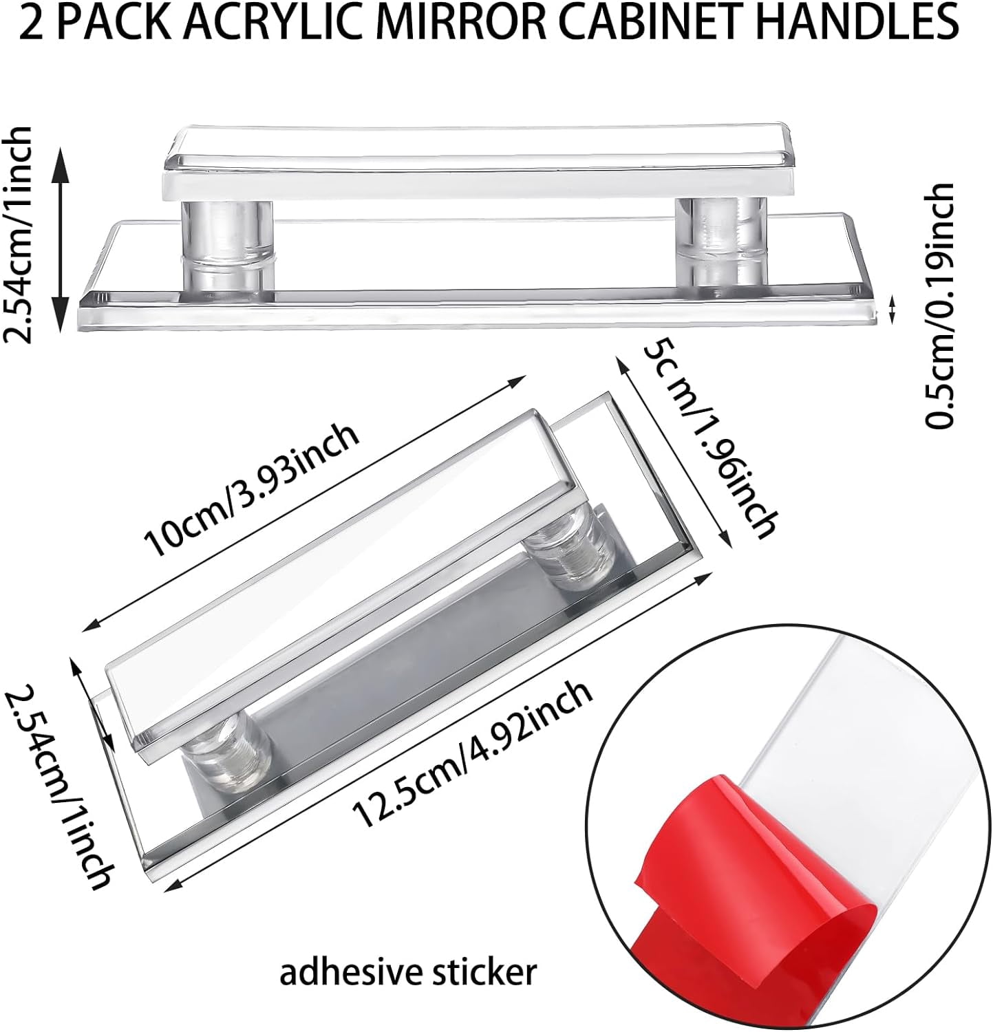 JJEAN-2 Pcs Mirror Closet Door Pulls Handle Adhesive Self Stick Acrylic Drawer Handle Knob Large Clear Instant Stick on Knobs for Closet Cabinet Wardrobe Windows Dresser Sliding Door (5 x 2 Inch)