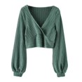 thumbnail image 1 of Crop Tops for Women V Neck Lantern Long Sleeve Knitted Solid Cropped Pullover Sweatshirt Fall Tops, 1 of 2