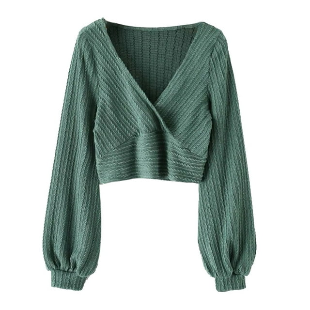 Hauts Courts pour Femmes à Col en V, Manches Longues Lanterne, Tricotés, Unis, Chandail Court à Enfiler, Hauts d'Automne