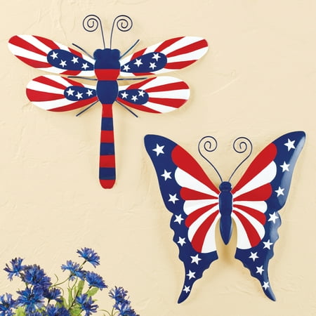 Collections Etc Patriotic Dragonfly and Butterfly Wall Decor - Set of 2 - Seasonal Decorative Accent for Outdoor or Indoor Use
