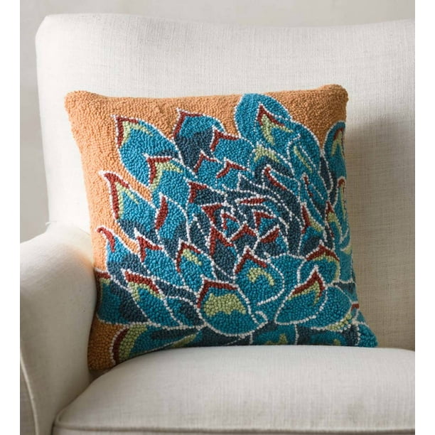 Succulent Handhooked Wool Pillow, Blue