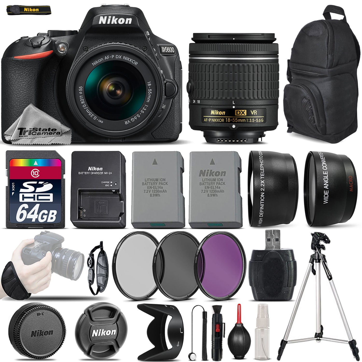 Nikon D5600 Digital SLR Camera +3 Lens 18-55mm VR + Extra Battery - 64GB Bundle