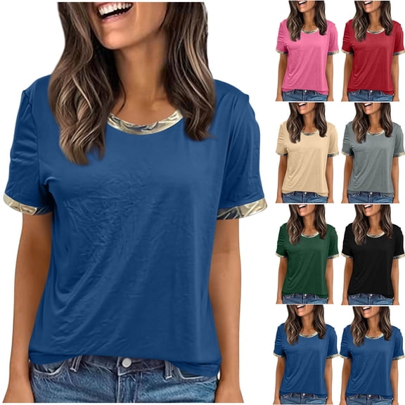 Tqcoqu Women's Metallic Trim T Shirt V Neck Short Sleeve Tee Casual Summer Tops,Black,Women's S-XXL