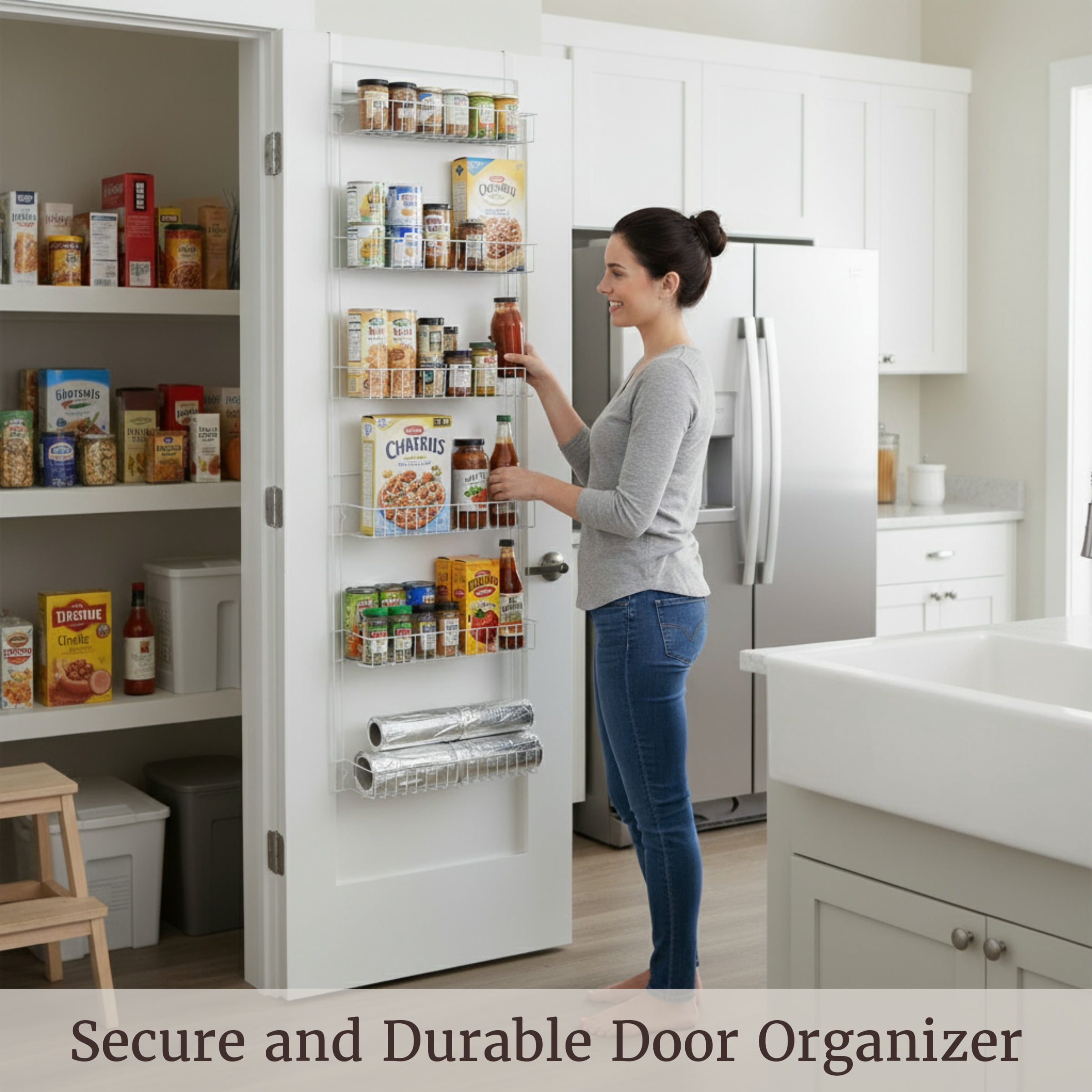 Lavish Home 6-Tier Adjustable Over the Door Pantry Organizer - Powder-Coated Steel Hanging Pantry Shelves and Rack for Kitchen Organization (White)