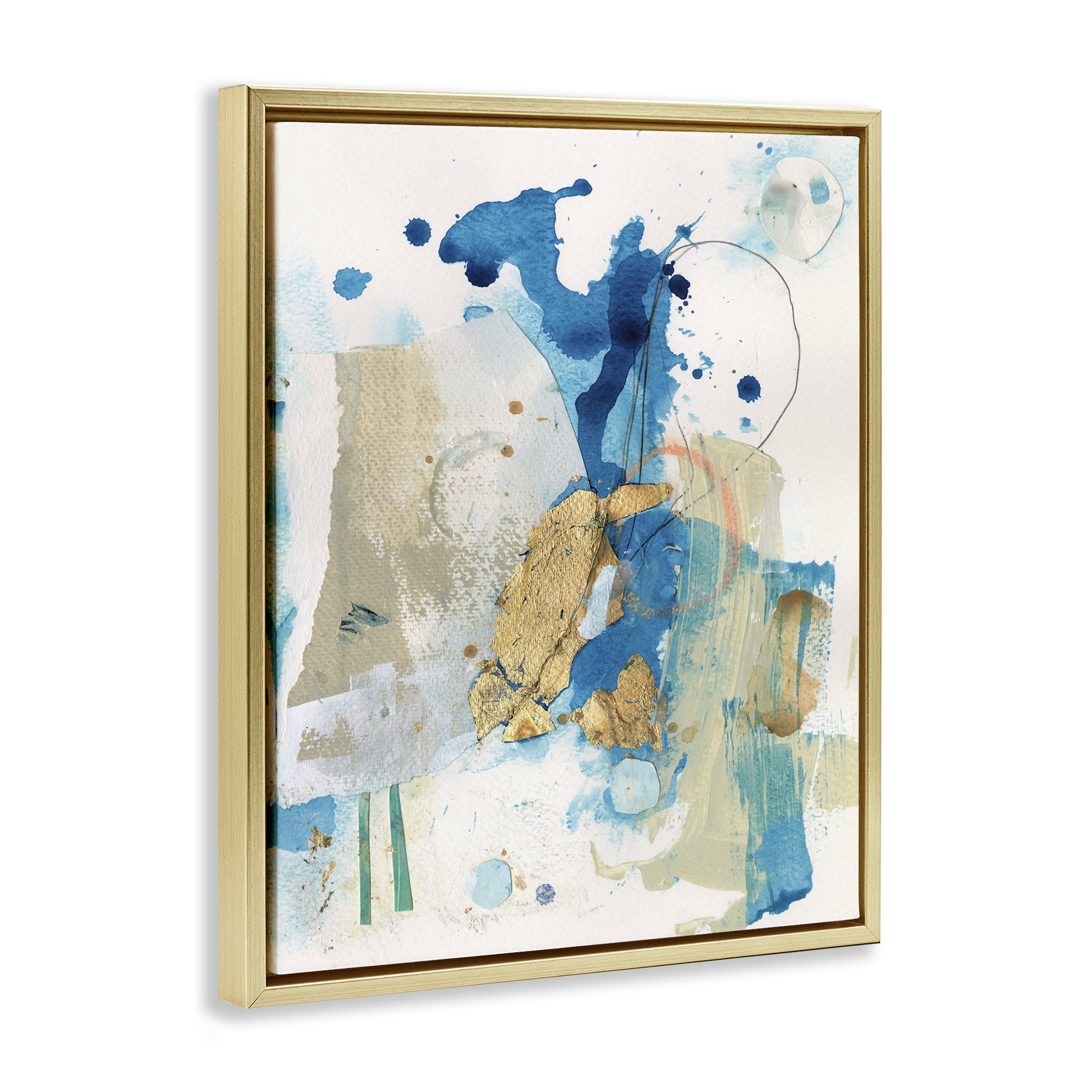 Stupell Industries Blue & Gold Splash Abstract Abstract Painting Gold Floater Framed Canvas Art Print Wall Art, 17 x 21