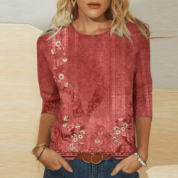 Teissuly Women's Fashion Printed T-shirt Mid-length 3/4 Sleeves Blouse Round Neck Casual Tops