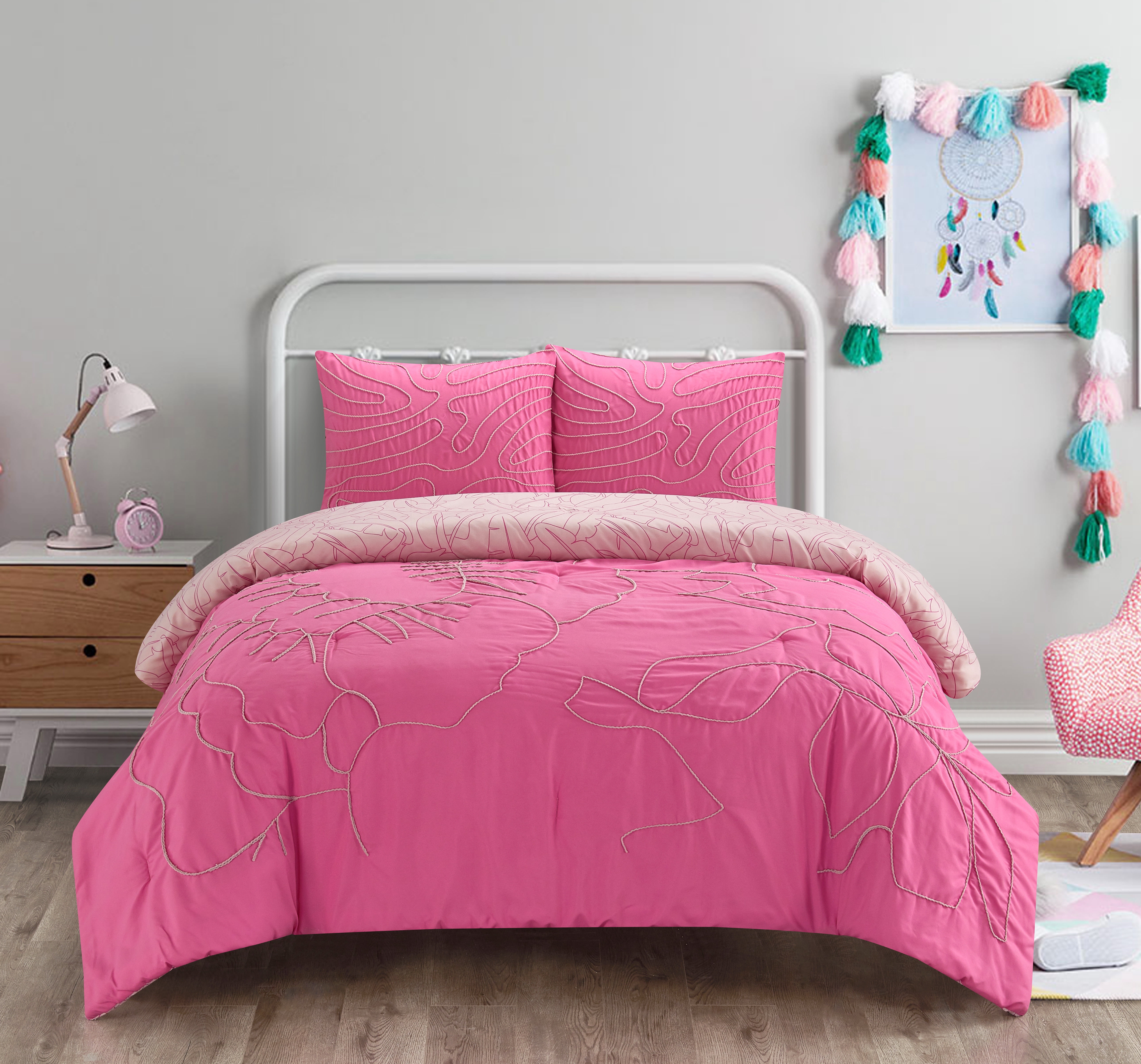 Room Revival 3-Piece Kids Comforter Set with Tufted Embroidery, Pink Flowers and Waves, Full/Queen