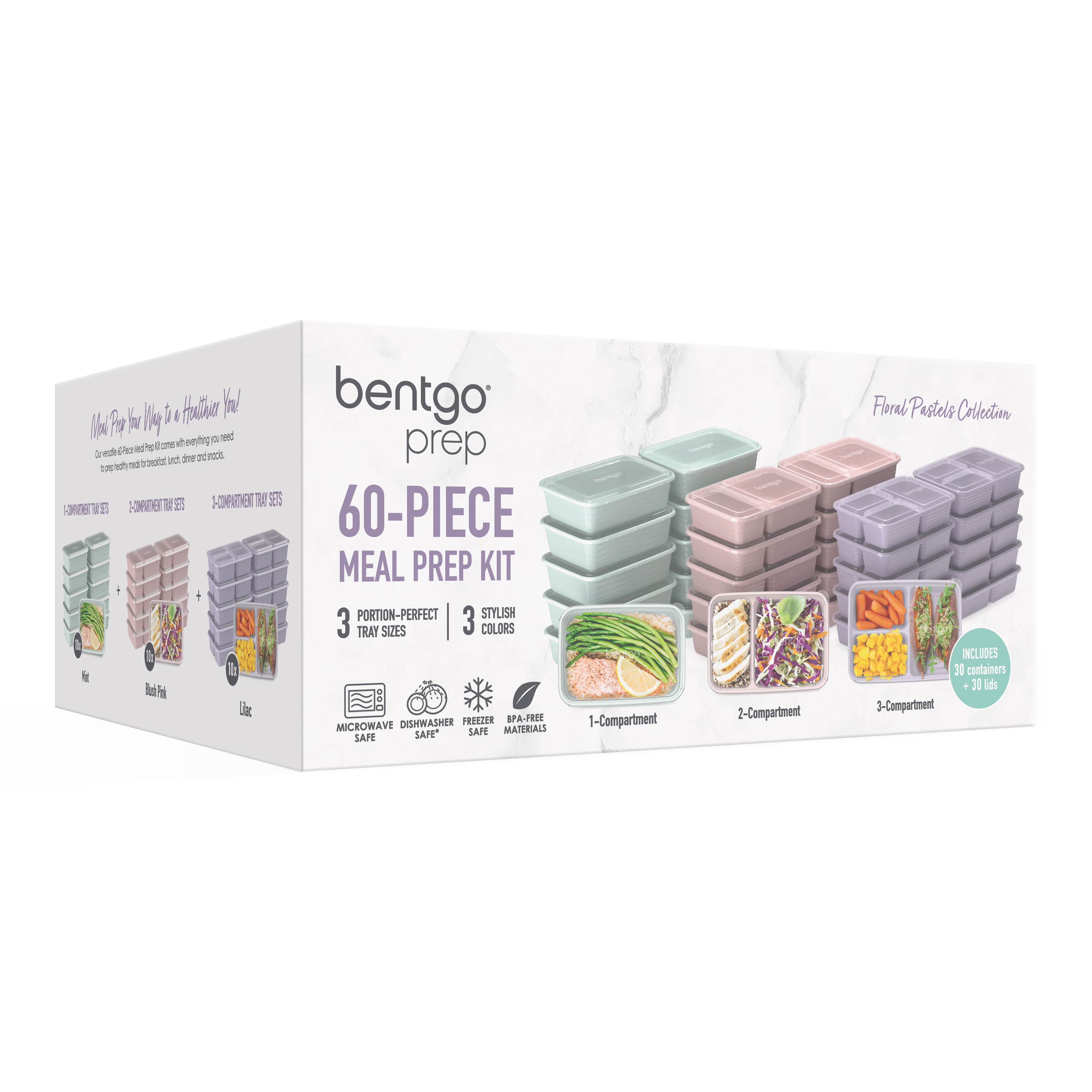  Bentgo® Prep 60-Piece Meal Prep Kit - Reusable Food Containers  1-Compartment, 2-Compartment, & 3-Compartments for Healthy Eating -  Microwave, Freezer, & Dishwasher Safe (Floral Pastels): Home & Kitchen