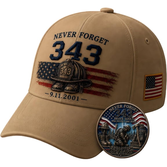 Never Forget 343 Memorial Cap, 9/11 Firefighter Tribute Baseball Hat Get the Matching Tribute Coin Honor Gift for Men & Women