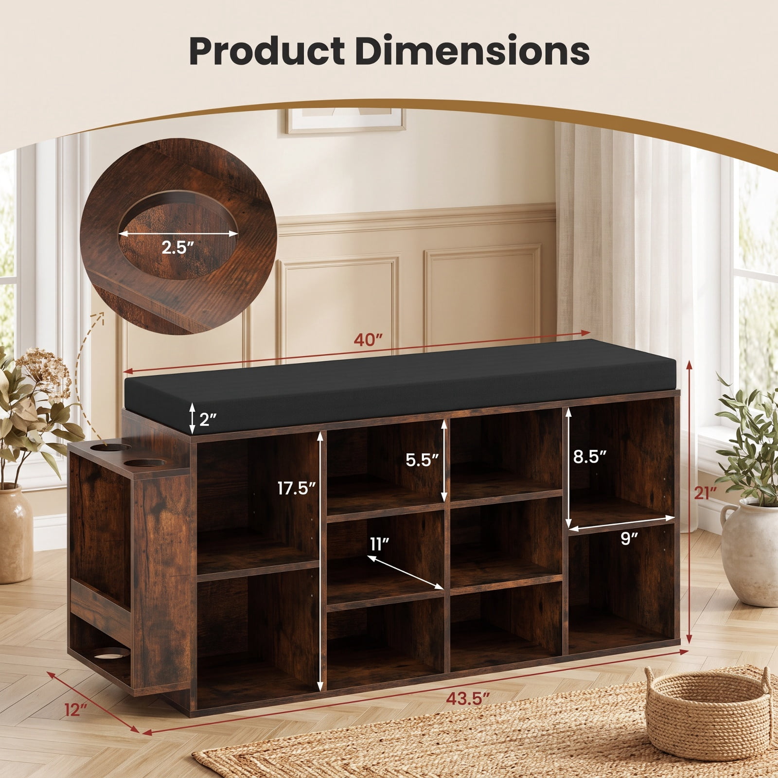 Furnibear Shoe Storage Bench with Umbrella Stand and 10 Cubby Entryway Shoe Rack Organizer with Padded Seat for Hallway Closet, Rustic Brown