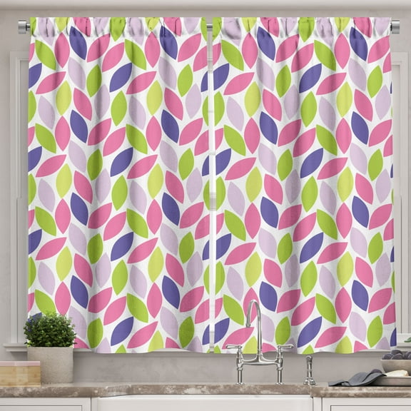 Ambesonne Natural Kitchen Curtains, Botanic Leaf Pattern, 55"x30", Pink Purple Lime Green