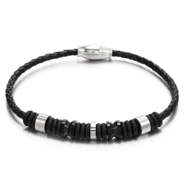 Pulsera Hombre Cuero Acero Inoxidable Pulsera Trenzada Plata Abalorios Resistentes al Agua y Cierre Acero Inoxidable Grabado Hipoalergénico Idea Regalo para Hombre Cumpleaños Navidad