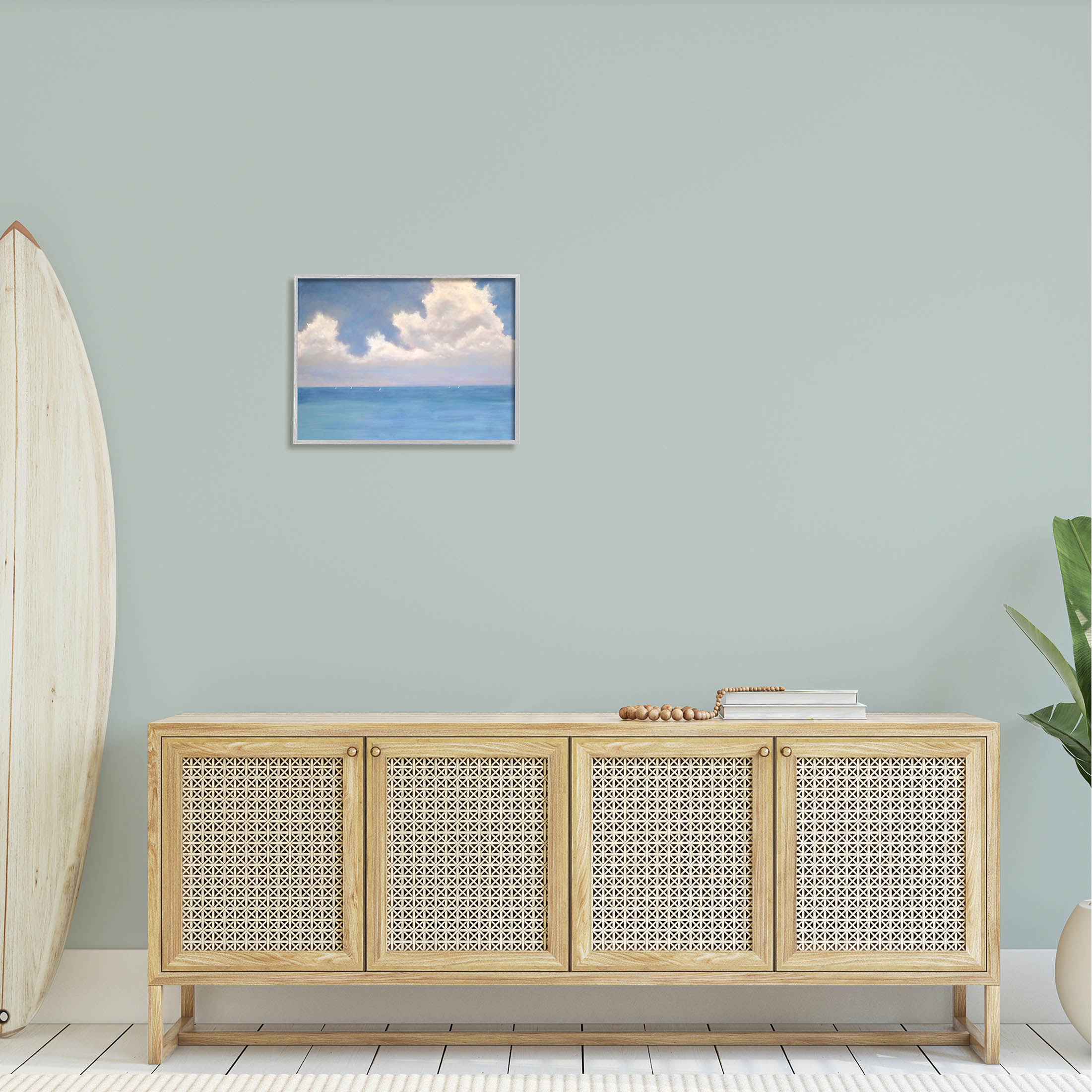 Stupell Industries Fluffy Clouds Deep Blue Ocean Waves Painting Gray Framed Art Print Wall Art, Design by Catherine Andersen