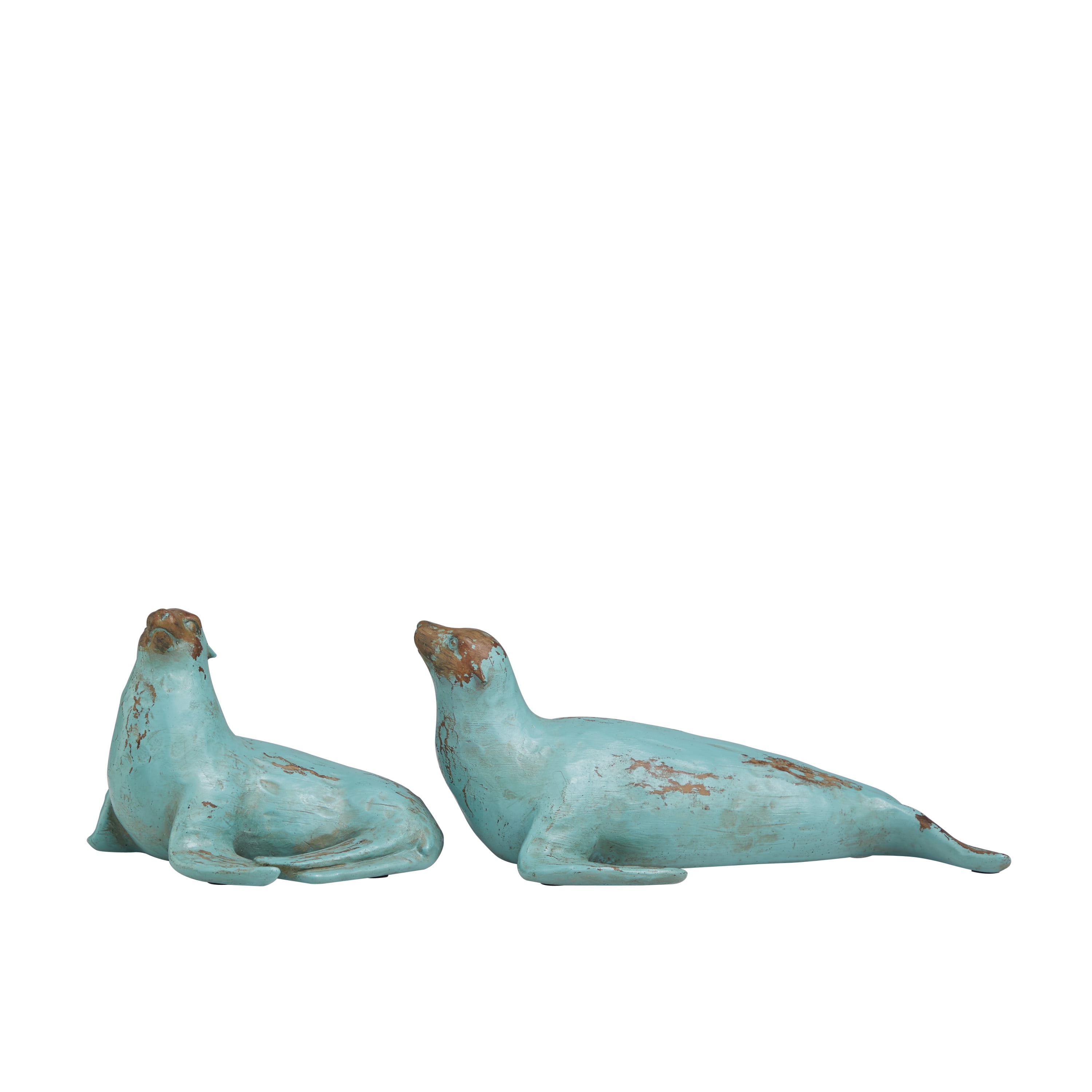 13", 7"W Teal Polystone Distressed Sea Lion Sculpture with Brown Wood Inspired Accents, by DecMode (2 Count)