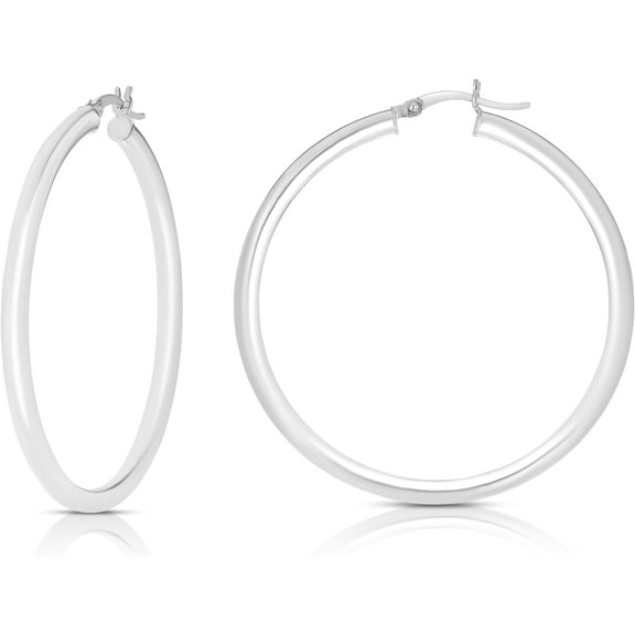 Floreo 10k White Gold 65mm x 3mm High Polish Round Tube Hoop Earrings