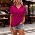 thumbnail image 4 of Women's Short Sleeve V Neck T-Shirts Fitted Collared Polos for Work Golf Shirts Casual Loose Tees Tops Hot Pink 3XL, 4 of 4