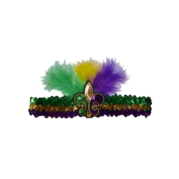 Mardi Gras Fleur de Lis Sequin Feathered Headband Purple Green Gold