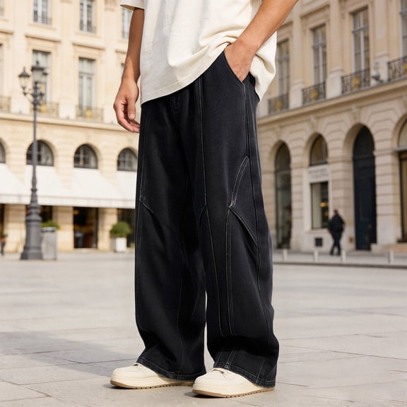 Jeans for Men Distressed Baggy Denim Pants Washed Streetwear Straight Wide Leg Jeans (Black XXXL)