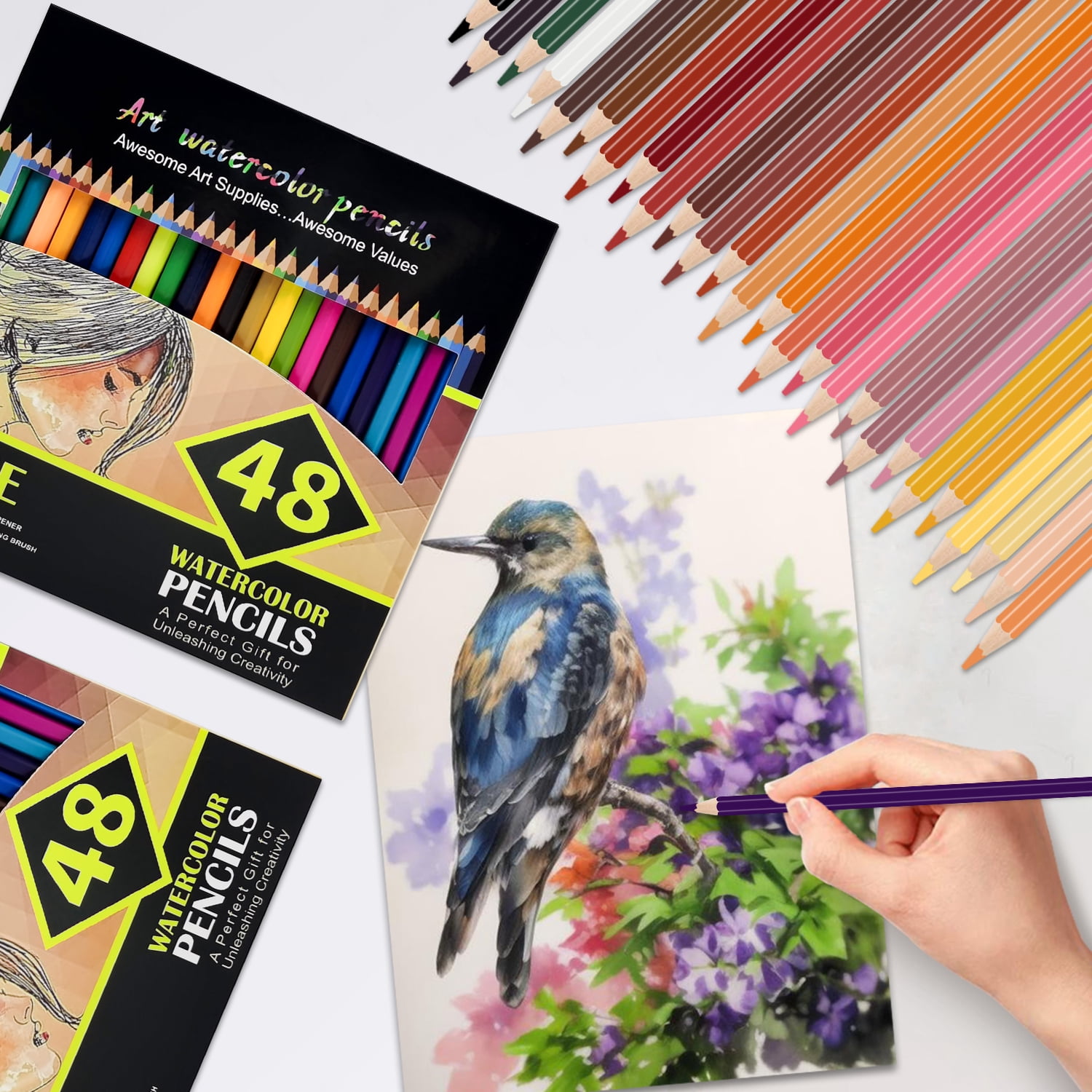 48 Watercolor Pencil Art Kit with Water Brush, Vibrant Water-Soluble Drawing Set for Painting, Sketching, and Coloring