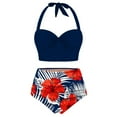thumbnail image 3 of KBODIU Floral Print High Waist Crop Tops+Shorts Two Piece Swimwear HalterBeachwear Womens Swimsuits Bikini Sets Tankini Bathing Suits for Women Blue S, 3 of 4