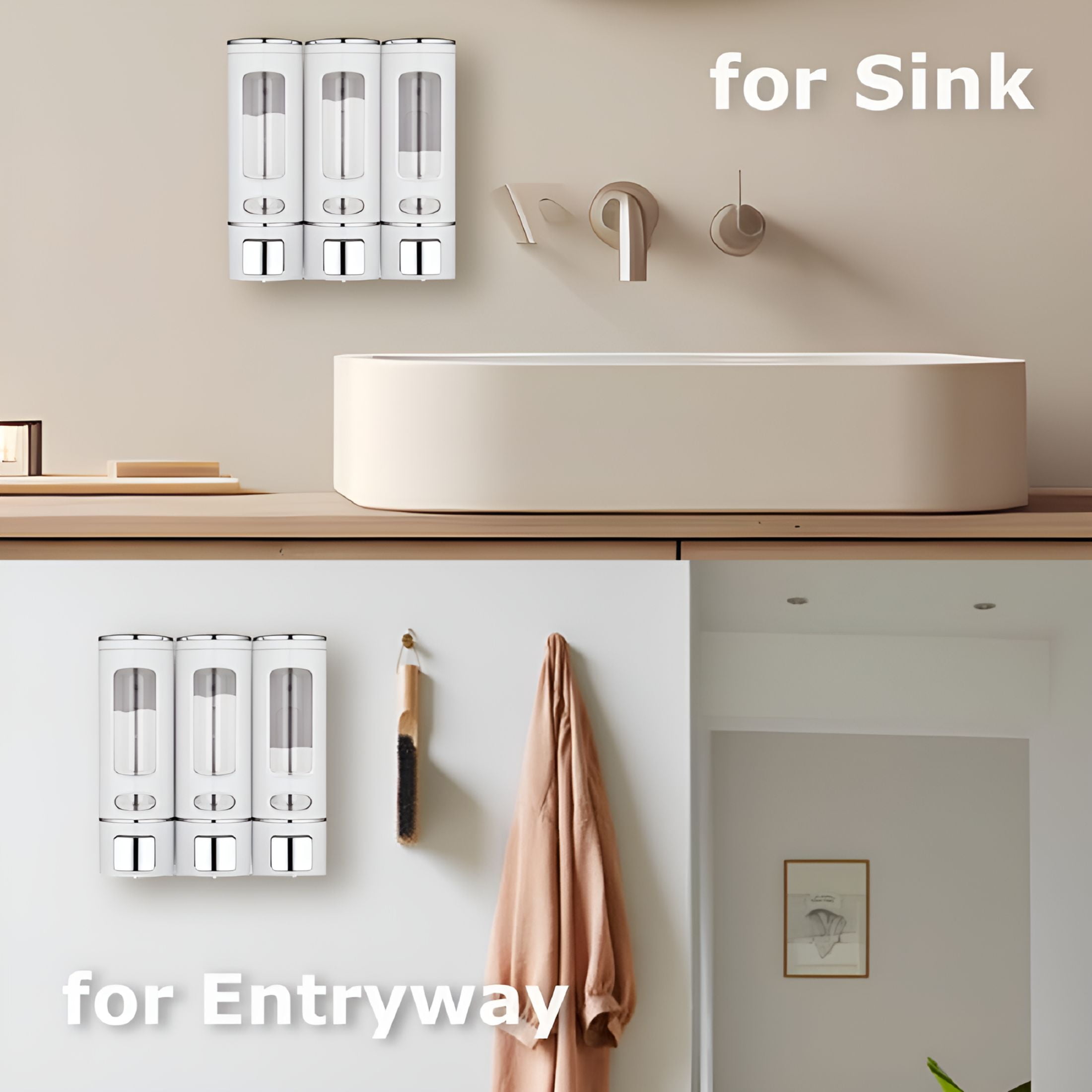 ACDANC 2026 New Soap Dispenser Bathroom Wall Mounted Shower Shampoo Dispenser 3 Chamber No Drill Triple Shower Soap Dispenser Set Pump Dispenser for Shower Gel Body Wash Dispenser White