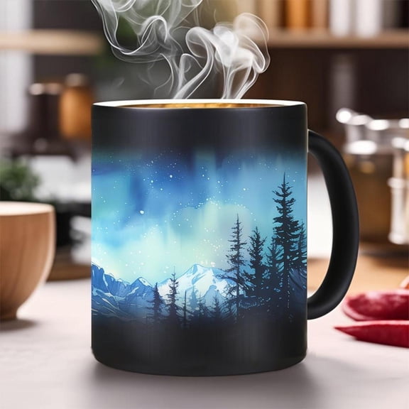 1pc Magic Color Changing Mug 11oz Borealis Night Cup Temperature Sensitive 60 C 140 F White to Black Glowing Coffee Tea Northern Design Hot Drinks