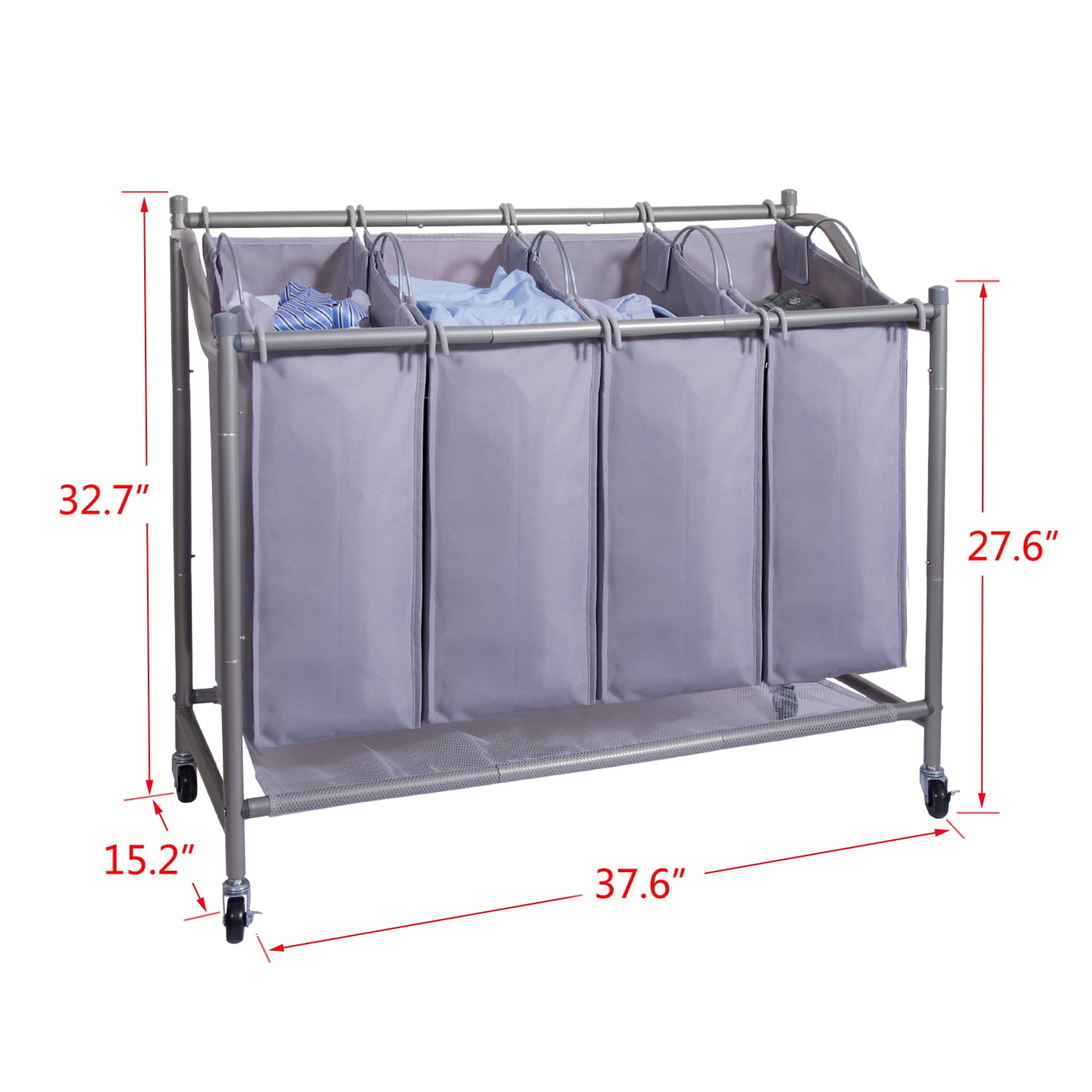 Mllieroo Heavy-Duty 4-Bag Rolling Laundry Sorter Storage Cart with Wheels chrome 