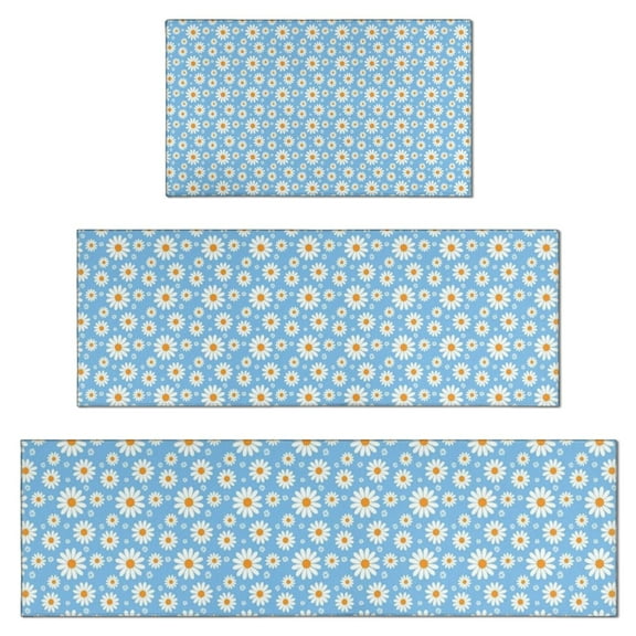 Light Blue Daisy Flower Pattern Kitchen Rugs Sets Of 3,Kitchen Runner Rugs Non Skid Washable,Decorative Kitchen Floor Mats for Kitchen,Sink,Laundry,17"x30" 17"x47" 17"x59"