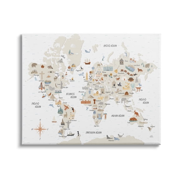 Stupell Indtries World Map of Destination Illtrations Soft Brown Tones,30 x 24,Design by Laura Marshall