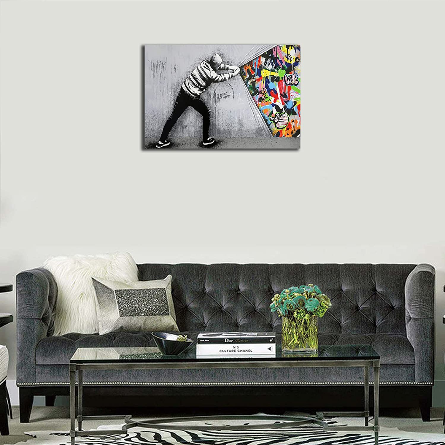 Graffiti Canvas Wall Art,Banksy Canvas Wall Art,Modern Banksy Street  Graffiti Wall Art,Colorful Graffiti Street Wall Art,Behind the Curtain Graffiti  Art Painting for Home Decor 12x18 Inches