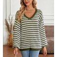 thumbnail image 5 of Geometric Striped Pattern Drop Shoulder Knit Sweater for Women Green Small, 5 of 5