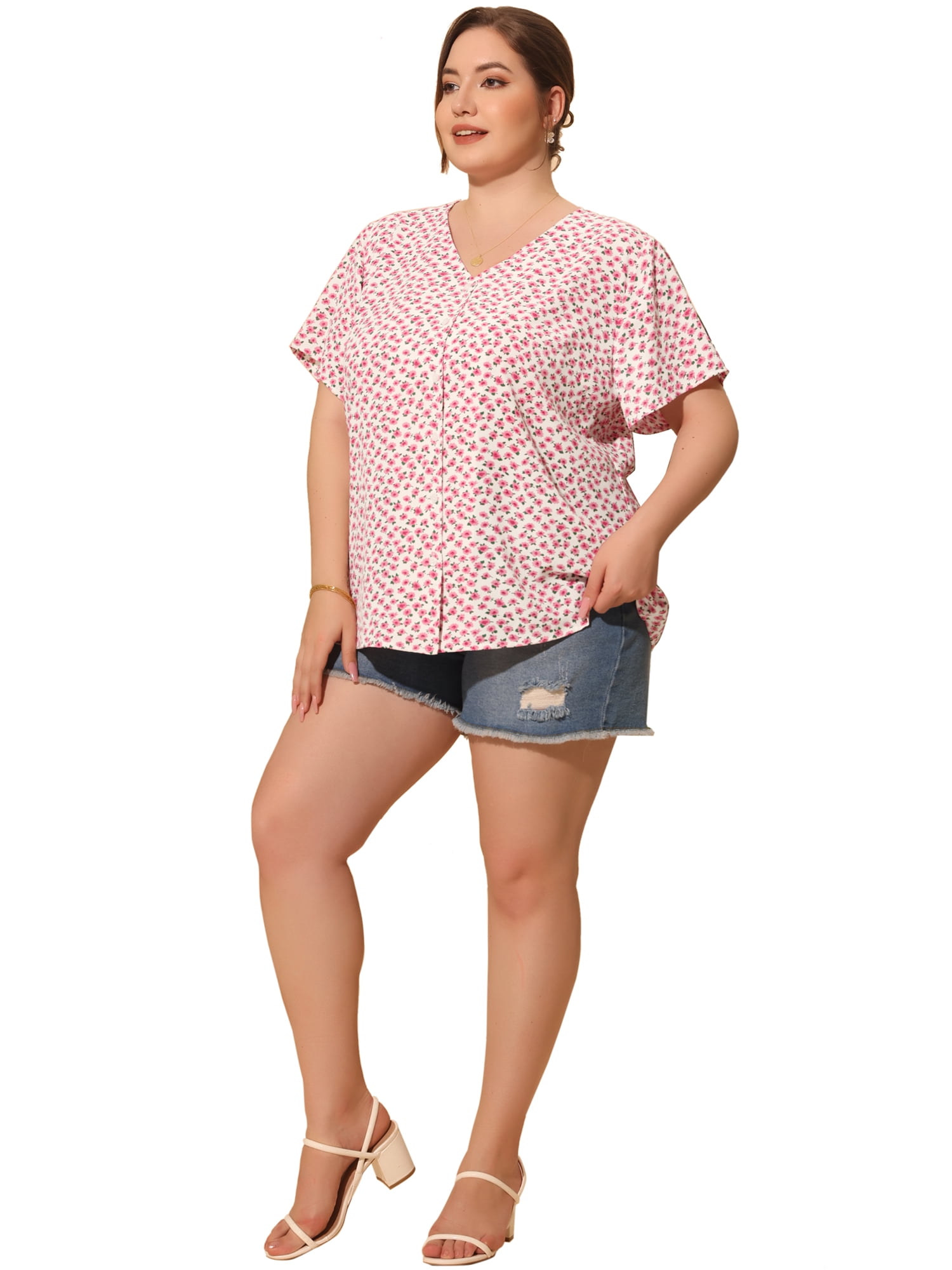 Unique Bargains Women's Plus Size V Neck Button Short Sleeve Floral Shirts 3X Pink