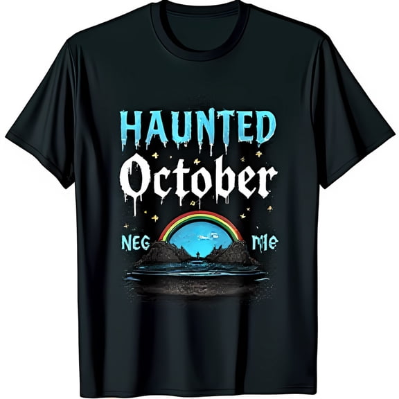 Haunted October Black T-Shirt with Dripping Blue Font