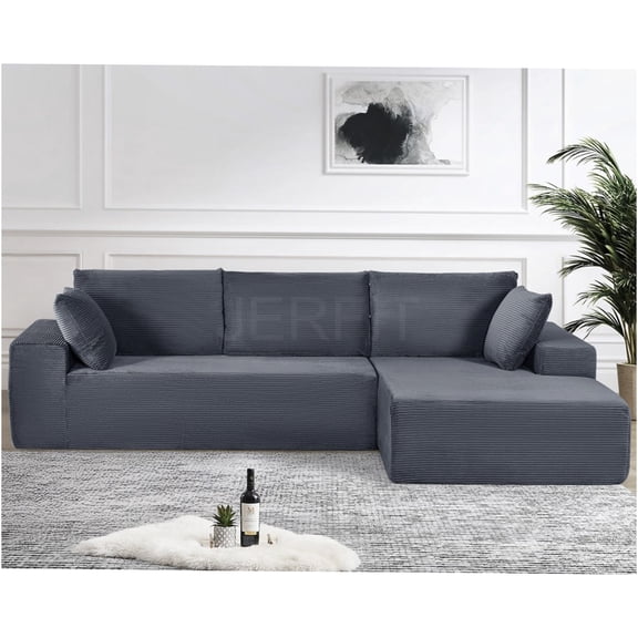 JERFIT Dark Gray Corduroy Convertible Sectional Sofa Couch, 4 Seater Sleeper Sofa Bed with No Assembly Required, Modern L-Shape Couch for Living Room, Apartment